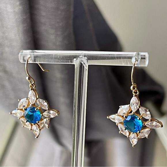 Bomb Party | Blue Center Stone and Clear Marquis Shaped CZ Gold Plated Earrings - Picture 10 of 13